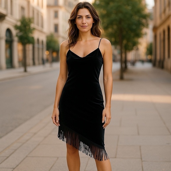 Lori M Dresses & Skirts - 🛍sale🛍Host Pick Lori M fringed asymmetric hem spaghetti strap velour dress